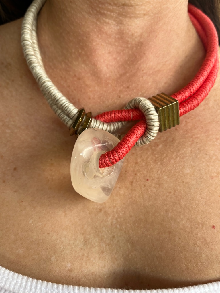 Two-Tone Coral And Cream Rope Necklace With Clear Glass Pendant